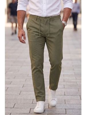 Deepsea Erkek Slim Fit Çizgili Haki Kumaş Pantolon – Ipli Esnek Bel Likralı Spor Pantolon 2700240