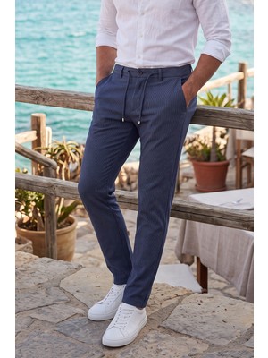 Deepsea Erkek Slim Fit Çizgili Lacivert Kumaş Pantolon – Ipli Esnek Bel Likralı Spor Pantolon 2700240