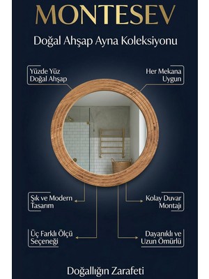 Montesev Antik Ahşap Dekoratif Ayna Yuvarlak Ayna Duvar Aynası Banyo Lavabo Aynası (Medium)