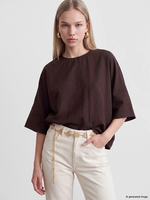 Lc Waikiki Yeni Sezon Kahverengi Bisiklet Yaka Geniş Kollu Oversize Bluz