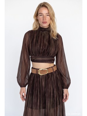 Quzu Dik Yaka Drapeli Crop Bluz Kahverengi