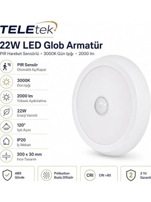 3000K Gün Işığı LED Glob Pır Hareket Sensörlü Beyaz Armatür Ip 20 2000LM