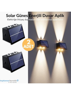 2ADET Güneş Enerjili Çift Taraflı 4 Ledli Aplik Sarı Işık Duvar Lambası Bahçe Aydınlatma