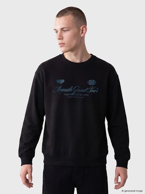 Lc Waikiki Yeni Sezon Siyah Bisiklet Yaka Marseille Baskılı Erkek Sweatshirt