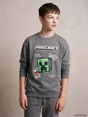 Lc Waikiki Yeni Sezon Gri Bisiklet Yaka Minecraft Baskılı Erkek Çocuk Sweatshirt