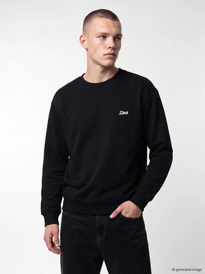 Lc Waikiki Yeni Sezon Siyah Bisiklet Yaka Nakışlı Erkek Sweatshirt