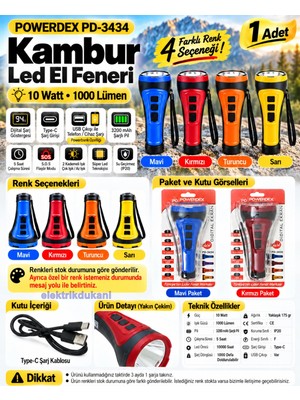 Powerdex 10W Ledli Kambur El Feneri Typ-C Şarjlı 2 Kademe + Flaşör