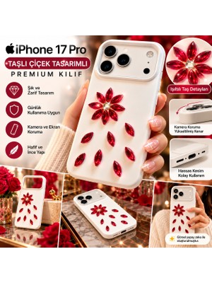 Haneliya iPhone 17 Pro Uyumlu Taşlı Çiçek Desenli Kılıf – Kırmızı Parlak Taş Detaylı Beyaz Telefon Kılıfı