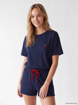 Lc Waikiki Yeni Sezon Lacivert Bisiklet Yaka Puantiyeli Kadın Şortlu Pijama Takımı