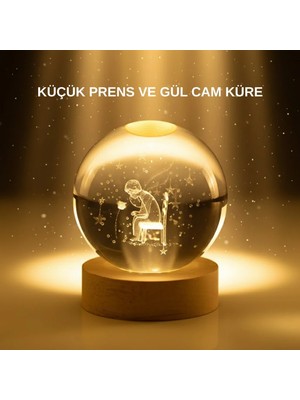 Pileli Store Küçük Prens Cam Küre USB Işıklı Ahşap Standlı Büyük Boy