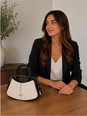 RoseBuy Bags Kadın Bej Siyah Dokulu El Çantası – Fermuarlı Şık Günlük Omuz Çantası