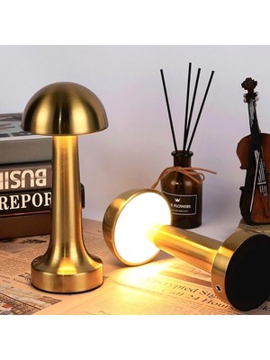 Mantar Masa Lambası, Dokunmatik Kontrol, Type-C USB Şarjlı, Altın Rengi, LED