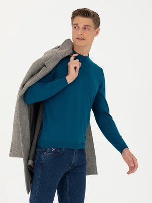Cacharel Petrol Blue Slim Fit Mock Neck Knit Sweater