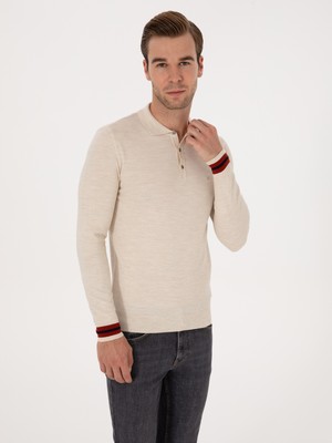Cacharel Ecru Slim Fit Wool Blend Polo Collar Knit Sweater