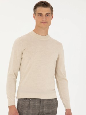 Cacharel Beige Slim Fit Mock Neck Knit Sweater