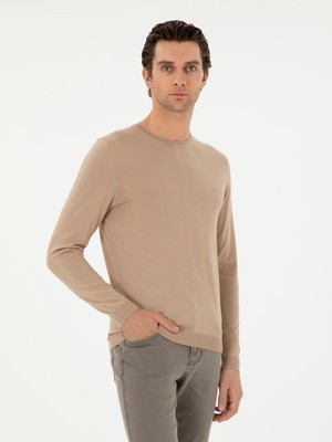 Cacharel Beige Slim Fit Cashmere Silk Blend Crew Neck Knit Sweater