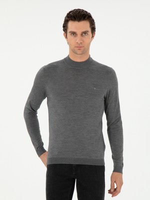 Cacharel Grey Slim Fit Cashmere Silk Blend Mock Neck Knit Sweater