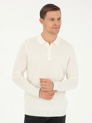 Cacharel Ecru Regular Fit Polo Collar Wool Blend Knit Sweater