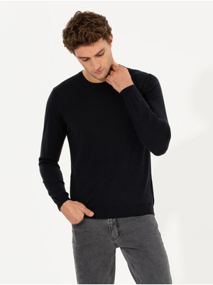 Cacharel Navy Slim Fit Crew Neck Wool Cashmere Blend Knit Sweater