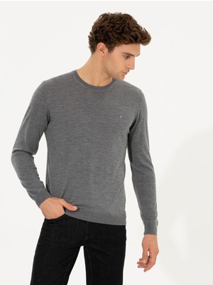 Cacharel Grey Slim Fit Crew Neck Wool Cashmere Blend Knit Sweater