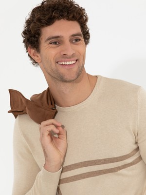Cacharel Ecru Slim Fit Cotton Blend Crew Neck Knit Sweater