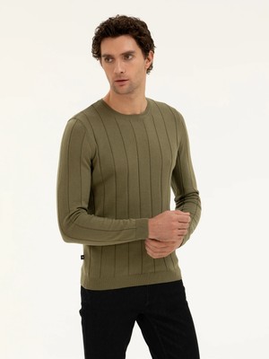 Cacharel Khaki Regular Fit Cotton Blend Crew Neck Knit Sweater