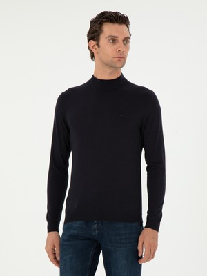 Cacharel Navy Slim Fit Cashmere Silk Blend Mock Neck Knit Sweater