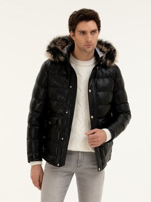 Cacharel Black Fur Hooded Leather Jacket