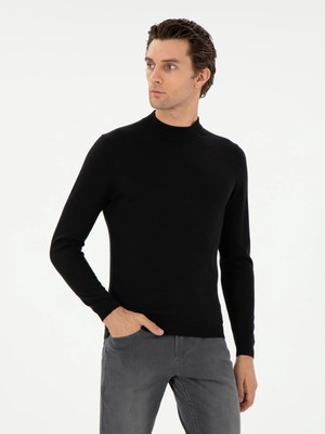 Cacharel Black Slim Fit Cashmere Silk Blend Mock Neck Knit Sweater