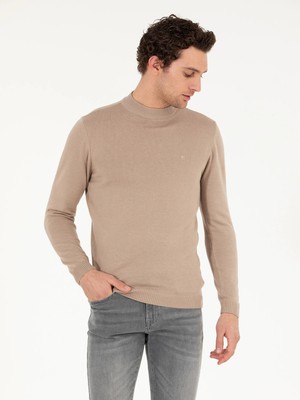 Cacharel Camel Regular Fit Mock Neck Basic Sweater