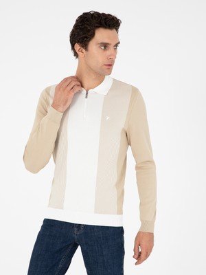 Cacharel Beige Slim Fit Zip Polo Collar Knit Sweater