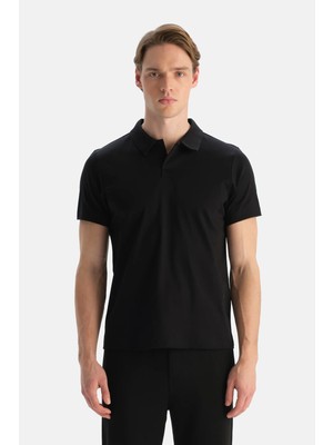Dagi Black Polo Collar Short Sleeve Cotton T-Shirt