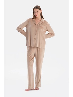 Dagi Latte Piping Detail Velvet Shirt And Pants Pajama Set