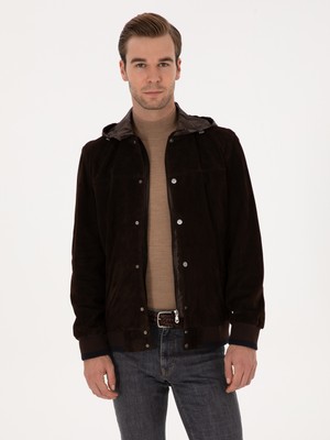 Cacharel Dark Brown Hooded %100 Leather Jacket