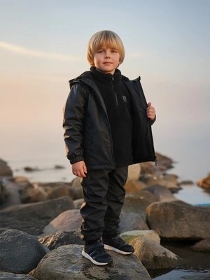 Civil Boys' Fleece Lined Basic Raincoat | Micro Long Sleeve Hooded - Black