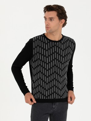 Cacharel Black Slim Fit %100 Cotton Crew Neck Knit Sweater