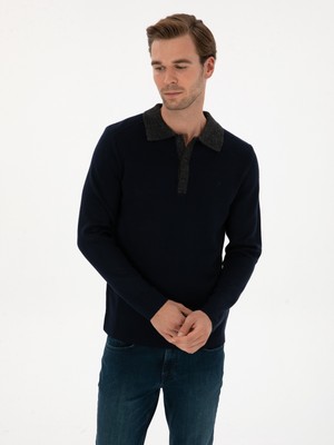 Cacharel Navy Regular Fit Wool Blend Polo Collar Knit Sweater