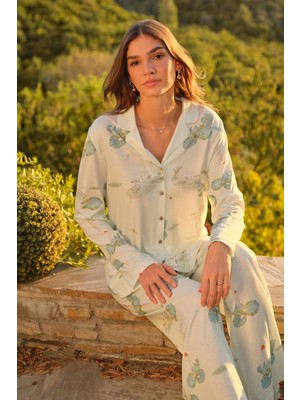 Dagi Aqua Green Floral Pattern Shirt And Pants Set