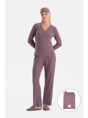 Dagi Plum Travel Pointelle V-Neck T-Shirt And Pants Pajama Set