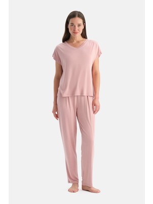 Dagi Light Pink V-Neck Siro Viscose T-Shirt Pajama Set