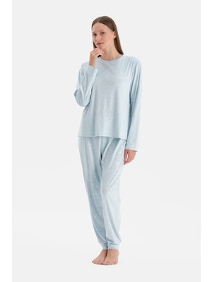 Dagi Turquoise Waffle Snowflake Print T-Shirt And Pants Pajama Set