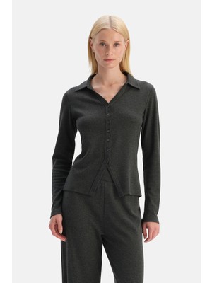 Dagi Grey Melange Buttoned Shirt Collar Rib Blouse