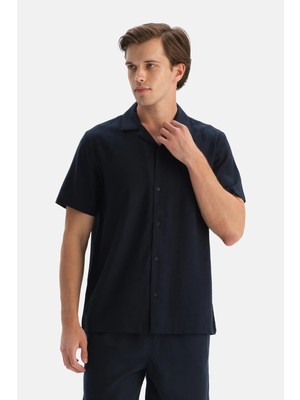 Dagi Navy Short Sleeve Linen Lyocell Blend Shirt