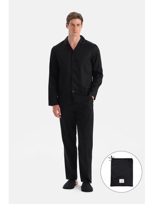 Dagi Black Travel Piping Detail Woven Shirt And Pants Pajama Set