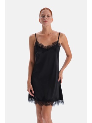 Dagi Black Lace Detail Satin Nightgown
