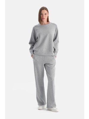 Dagi Grey Melange Side Stripe Detail Wide-Leg Pants