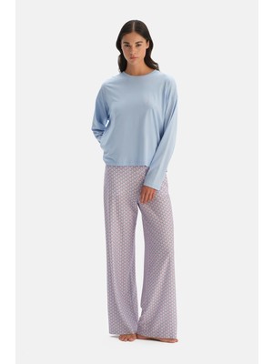Dagi Light Blue Crew Neck T-Shirt And Floral Pattern Pants Set
