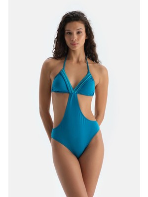 Dagi Light Petrol Tie Detail Deep Neckline Tankini