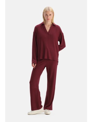 Dagi Burgundy Knit Detail Pants