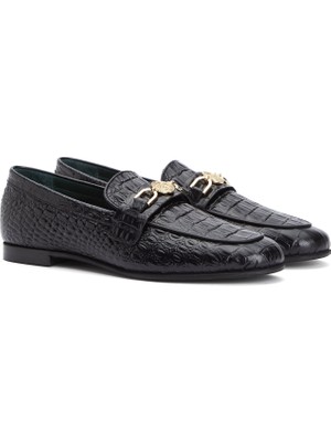 George Hogg Black Buckle Detail Printed Women's Leather Loafers